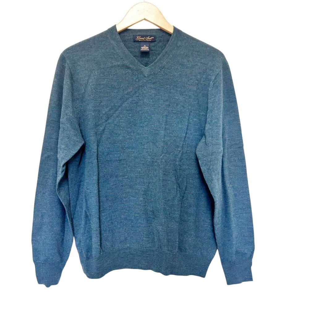 Garret Scott Blue 100% Merino Wool V Neck Sweater Sz M